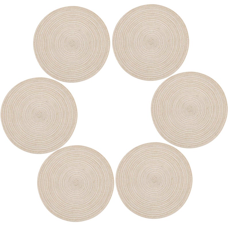 Topotdor 14 Inch Round Placemats Heat-Resistant Stain Resistant Anti-Skid Washable Polyproplene Table Mats Placemats (Beige, Set of 6) - Image 1